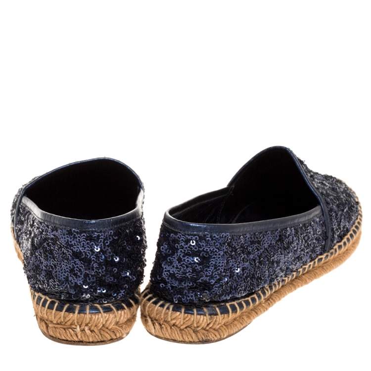 Pre Owned Dolce & Gabbana Metallic Blue Sequins and Leather Trim Espadrille Flats Size 41