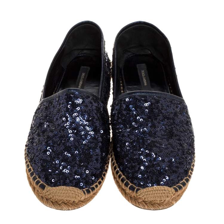 Pre Owned Dolce & Gabbana Metallic Blue Sequins and Leather Trim Espadrille Flats Size 41