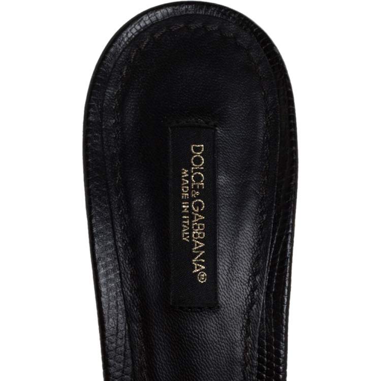 Pre Owned Dolce & Gabbana Black Lizard Embossed Leather Block Heel Mules Size 38