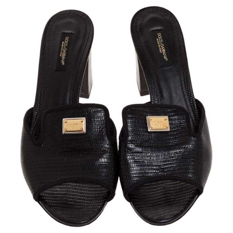 Pre Owned Dolce & Gabbana Black Lizard Embossed Leather Block Heel Mules Size 38