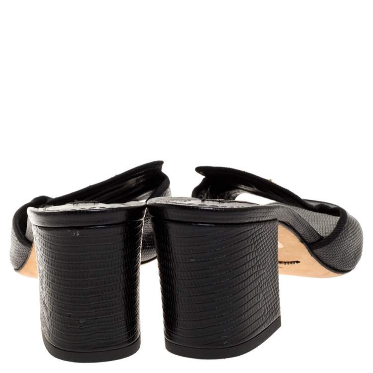 Pre Owned Dolce & Gabbana Black Lizard Embossed Leather Block Heel Mules Size 38