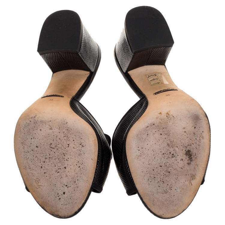 Pre Owned Dolce & Gabbana Black Lizard Embossed Leather Block Heel Mules Size 38