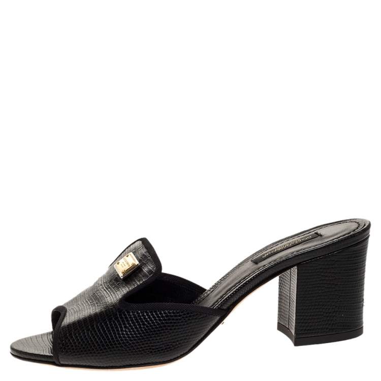 Pre Owned Dolce & Gabbana Black Lizard Embossed Leather Block Heel Mules Size 38