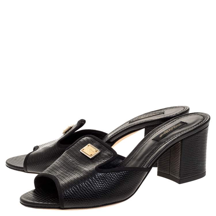 Pre Owned Dolce & Gabbana Black Lizard Embossed Leather Block Heel Mules Size 38