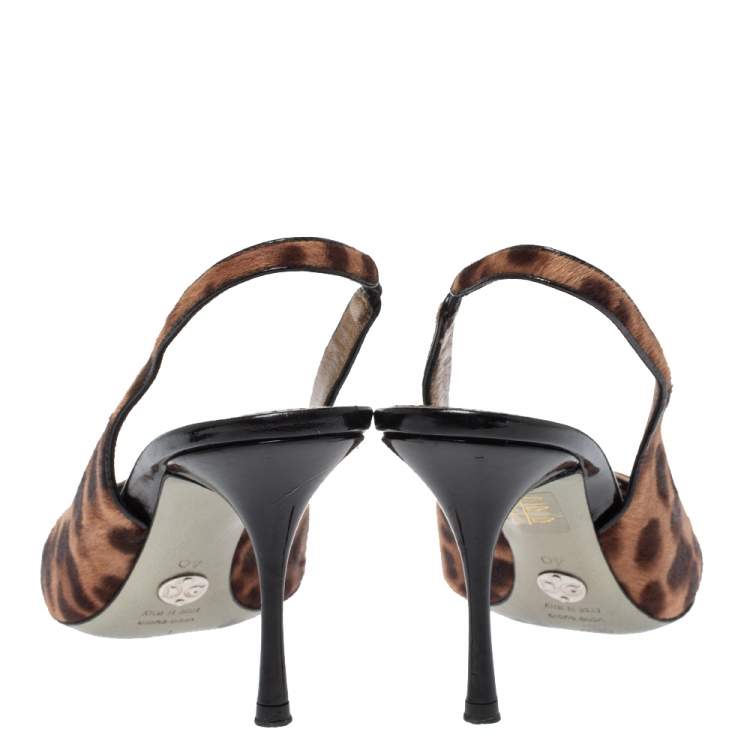 Pre Owned Dolce & Gabbana Black/Brown Leopard Print Pony Hair And Patent Cap Toe Slingback Sandals Size 40