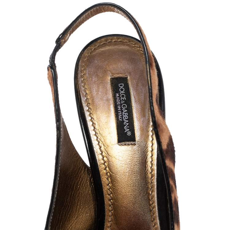 Pre Owned Dolce & Gabbana Black/Brown Leopard Print Pony Hair And Patent Cap Toe Slingback Sandals Size 40