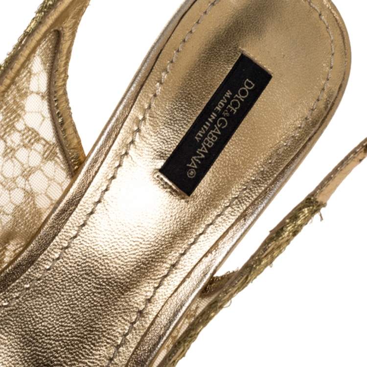 Pre Owned Dolce & Gabbana Gold Chantilly And Leather Slingback Sandals Size 39