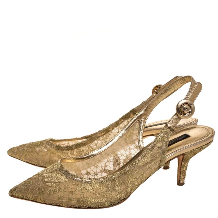 Pre Owned Dolce & Gabbana Gold Chantilly And Leather Slingback Sandals Size 39