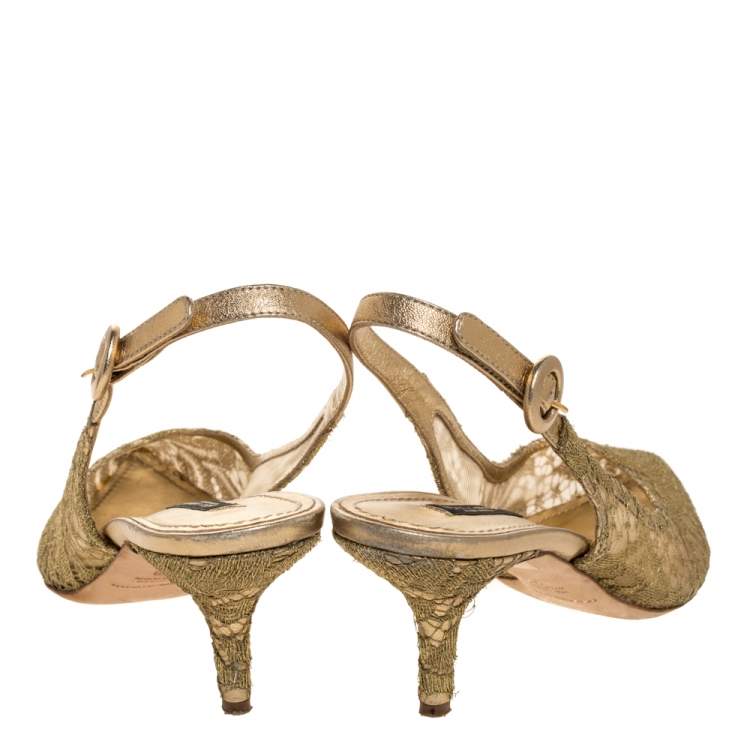 Pre Owned Dolce & Gabbana Gold Chantilly And Leather Slingback Sandals Size 39