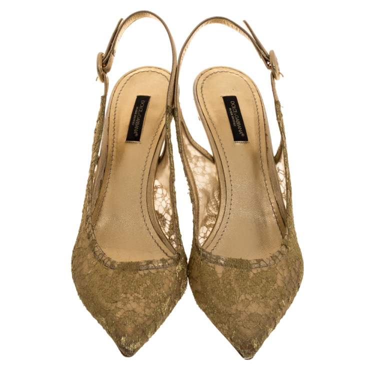 Pre Owned Dolce & Gabbana Gold Chantilly And Leather Slingback Sandals Size 39