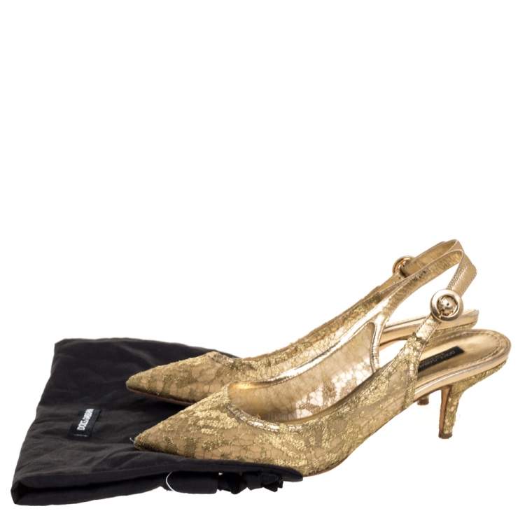 Pre Owned Dolce & Gabbana Gold Chantilly And Leather Slingback Sandals Size 39