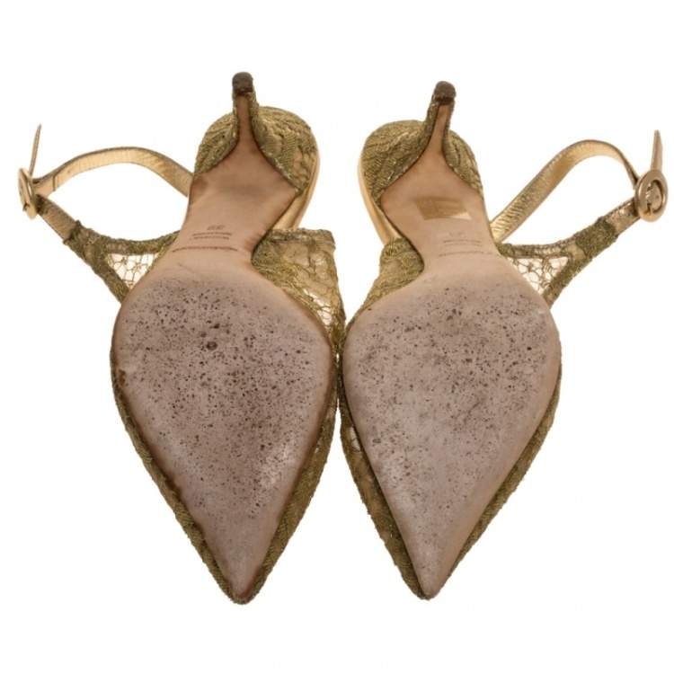 Pre Owned Dolce & Gabbana Gold Chantilly And Leather Slingback Sandals Size 39