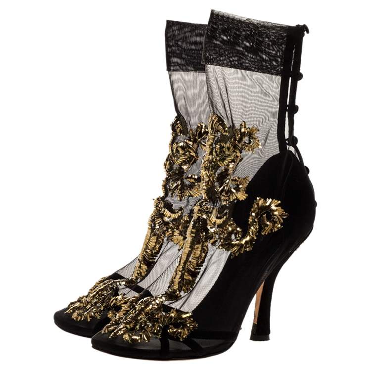 Pre Owned Dolce & Gabbana Black Mesh Embroidered Ankle Booties Size 37