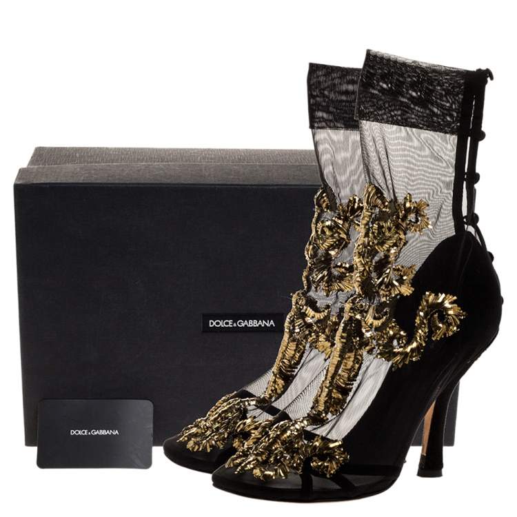 Pre Owned Dolce & Gabbana Black Mesh Embroidered Ankle Booties Size 37