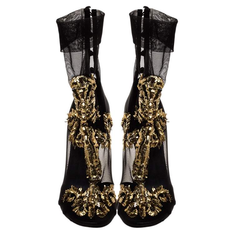 Pre Owned Dolce & Gabbana Black Mesh Embroidered Ankle Booties Size 37