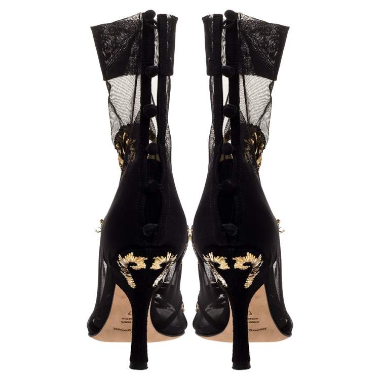 Pre Owned Dolce & Gabbana Black Mesh Embroidered Ankle Booties Size 37