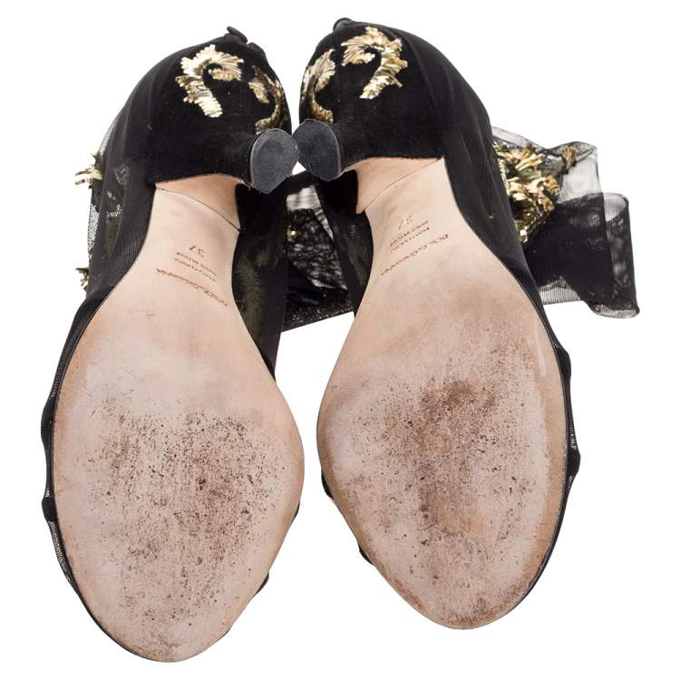 Pre Owned Dolce & Gabbana Black Mesh Embroidered Ankle Booties Size 37