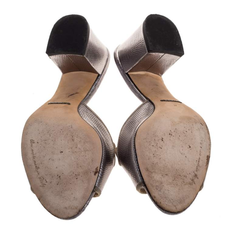 Pre Owned Dolce & Gabbana Silver Lizard Embossed Leather Block Heel Mules Size 37