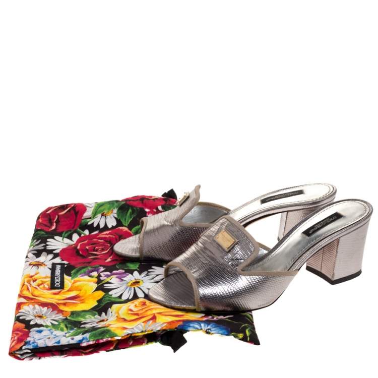 Pre Owned Dolce & Gabbana Silver Lizard Embossed Leather Block Heel Mules Size 37