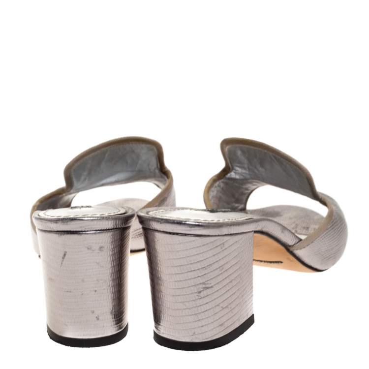 Pre Owned Dolce & Gabbana Silver Lizard Embossed Leather Block Heel Mules Size 37