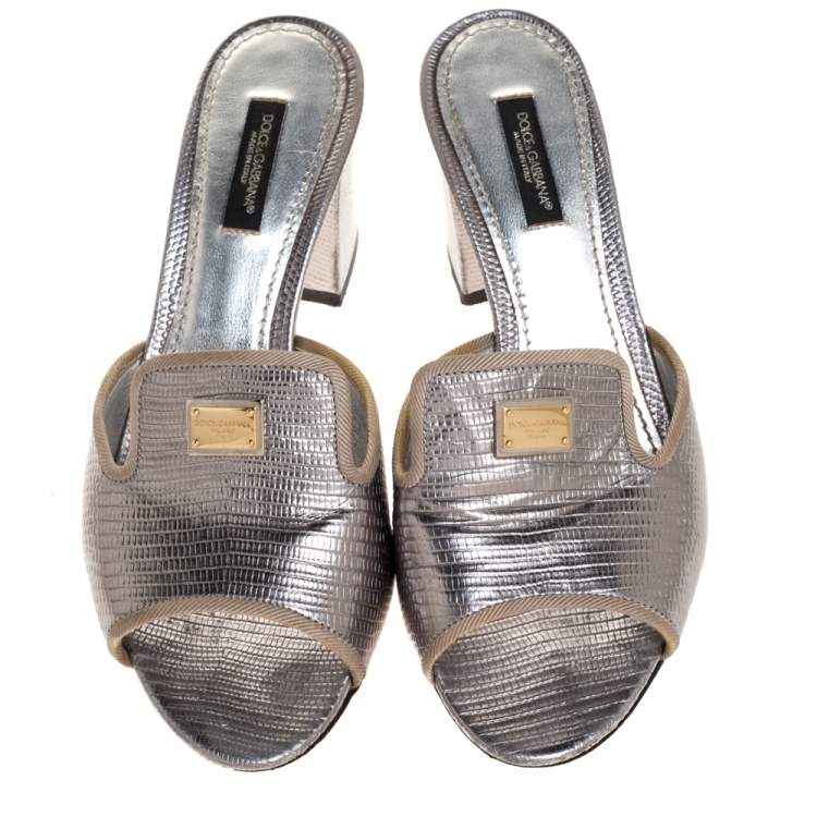 Pre Owned Dolce & Gabbana Silver Lizard Embossed Leather Block Heel Mules Size 37