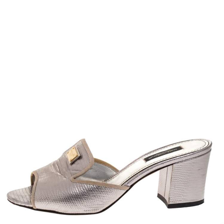 Pre Owned Dolce & Gabbana Silver Lizard Embossed Leather Block Heel Mules Size 37