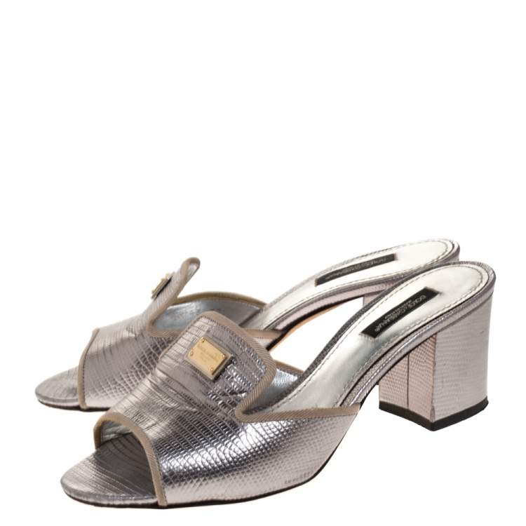 Pre Owned Dolce & Gabbana Silver Lizard Embossed Leather Block Heel Mules Size 37