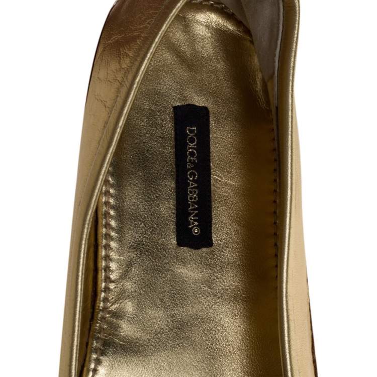 Pre Owned Dolce & Gabbana Metallic Gold Leather Logo Embossed Slip On Espadrille Size 39