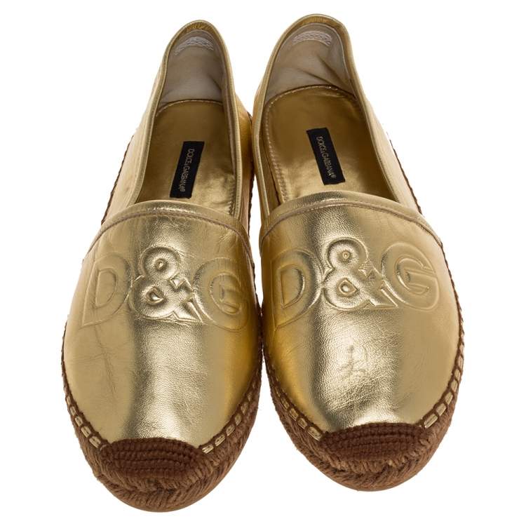 Pre Owned Dolce & Gabbana Metallic Gold Leather Logo Embossed Slip On Espadrille Size 39