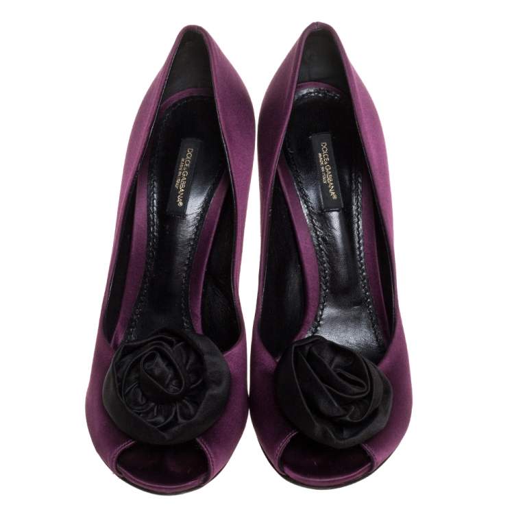 Pre Owned Dolce & Gabbana Purple Satin Rose Peep Toe Pumps Size 38.5