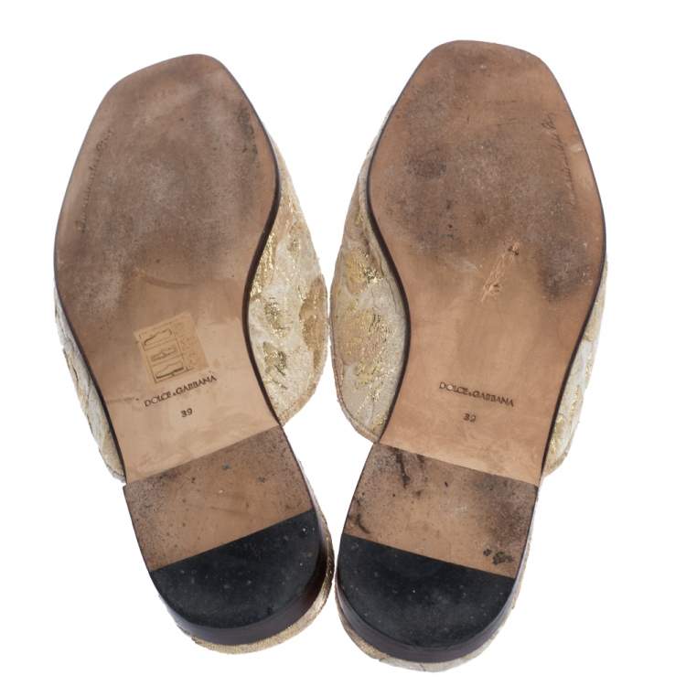 Pre Owned Dolce & Gabbana Gold Brocade Fabric Logo Slide Mules Size 39