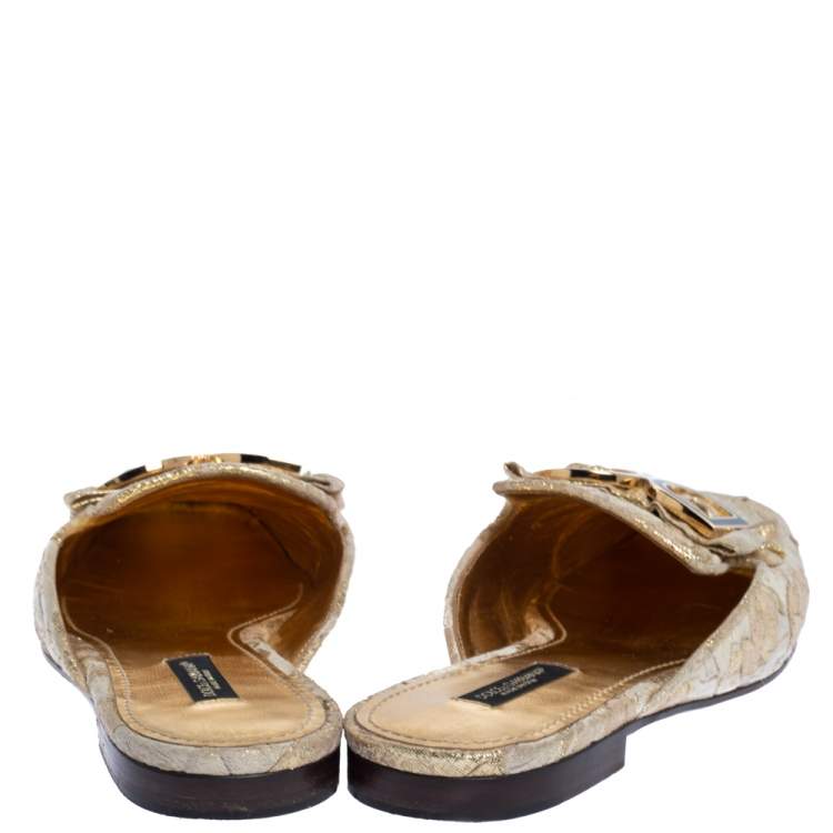 Pre Owned Dolce & Gabbana Gold Brocade Fabric Logo Slide Mules Size 39