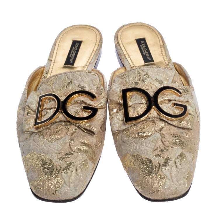 Pre Owned Dolce & Gabbana Gold Brocade Fabric Logo Slide Mules Size 39