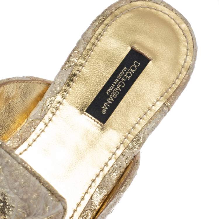 Pre Owned Dolce & Gabbana Gold Brocade Fabric Logo Slide Mules Size 39