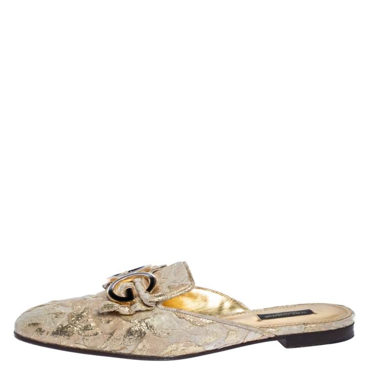 Pre Owned Dolce & Gabbana Gold Brocade Fabric Logo Slide Mules Size 39