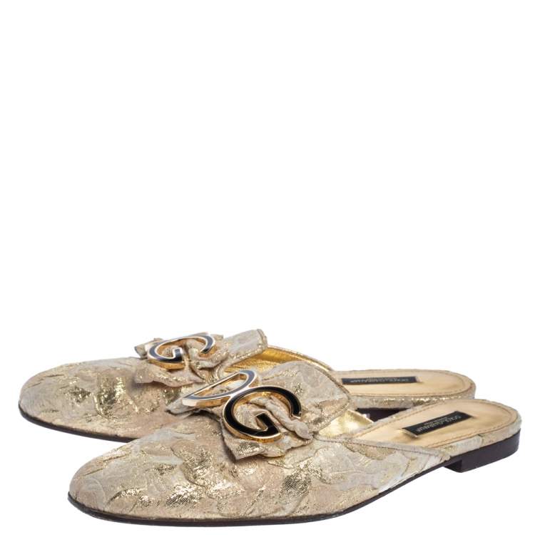 Pre Owned Dolce & Gabbana Gold Brocade Fabric Logo Slide Mules Size 39
