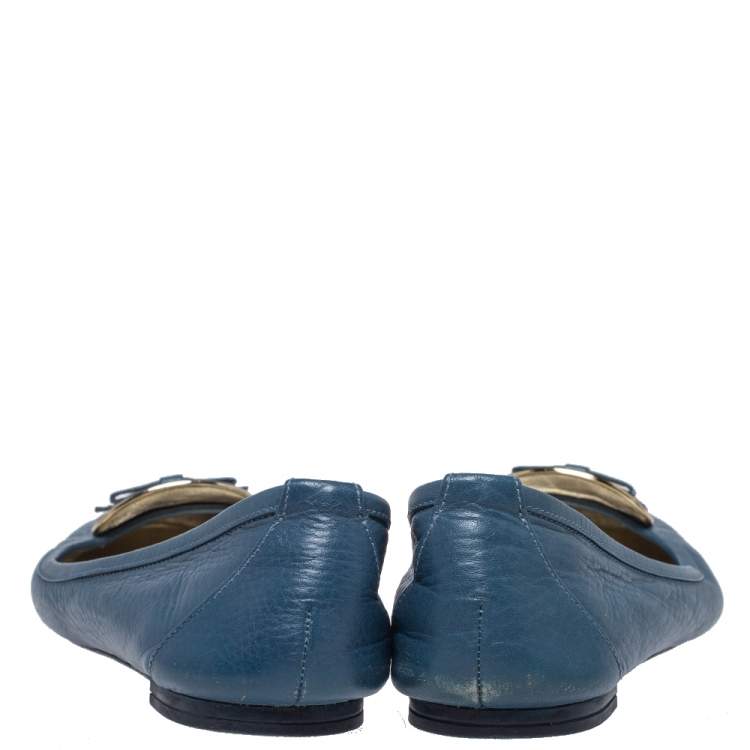 Pre Owned Dolce and Gabbana Blue Leather Gold Plaque Bow Detail Ballet Flats Size 39