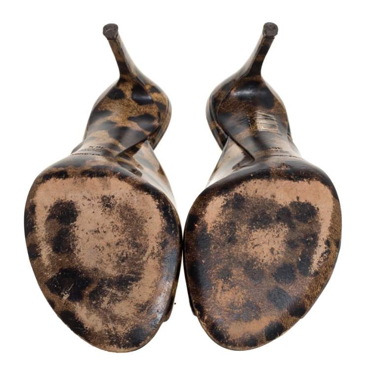 Pre Owned Dolce & Gabbana Brown Leopard Patent Leather Slide Sandals Size 36.5