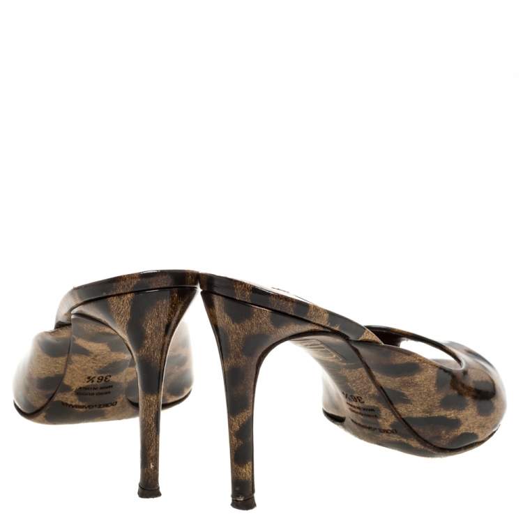 Pre Owned Dolce & Gabbana Brown Leopard Patent Leather Slide Sandals Size 36.5