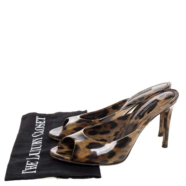 Pre Owned Dolce & Gabbana Brown Leopard Patent Leather Slide Sandals Size 36.5