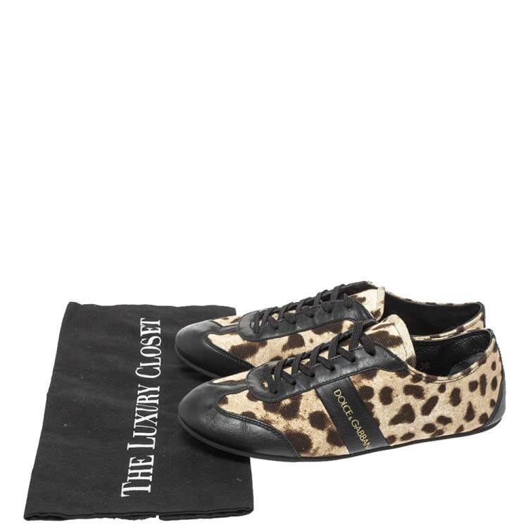 Pre Owned Dolce & Gabbana Brown/Black Leopard  Print Canvas And Leather Canvas Low Top Sneakers Size 36