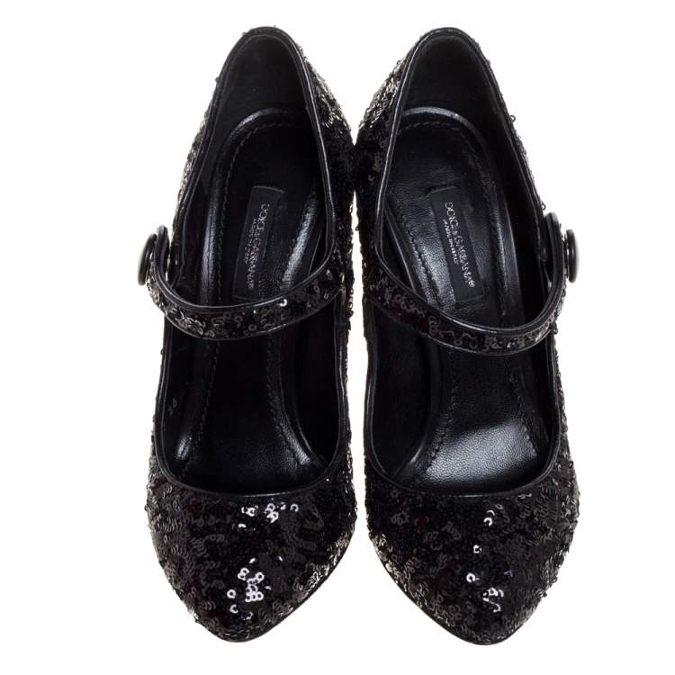 Pre Owned Dolce and Gabbana Black Sequin Mary Jane Pumps Size 36