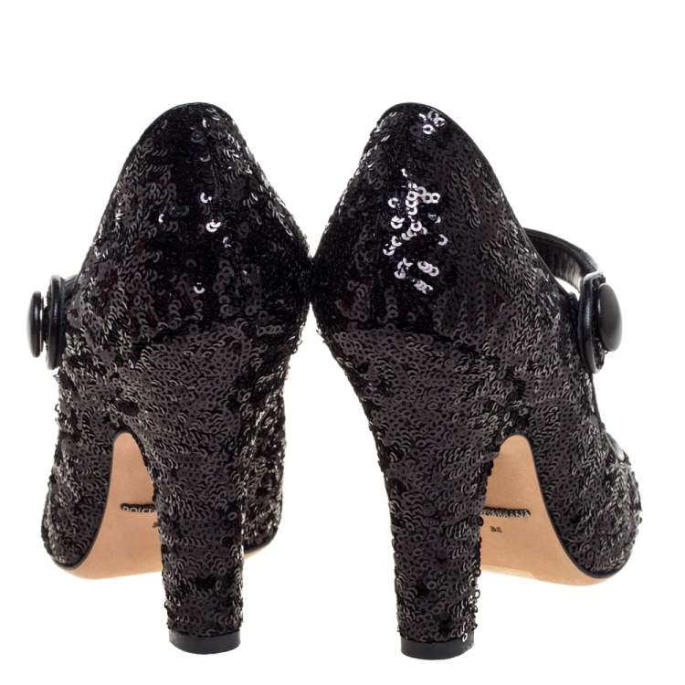 Pre Owned Dolce and Gabbana Black Sequin Mary Jane Pumps Size 36
