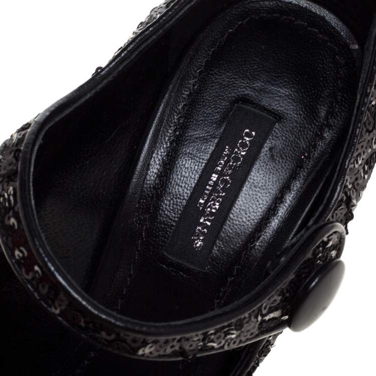 Pre Owned Dolce and Gabbana Black Sequin Mary Jane Pumps Size 36