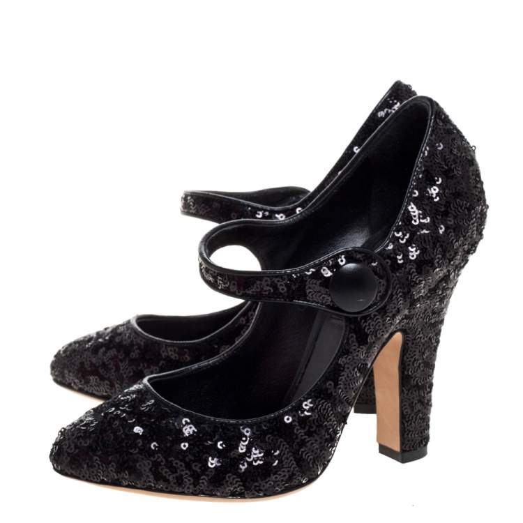 Pre Owned Dolce and Gabbana Black Sequin Mary Jane Pumps Size 36