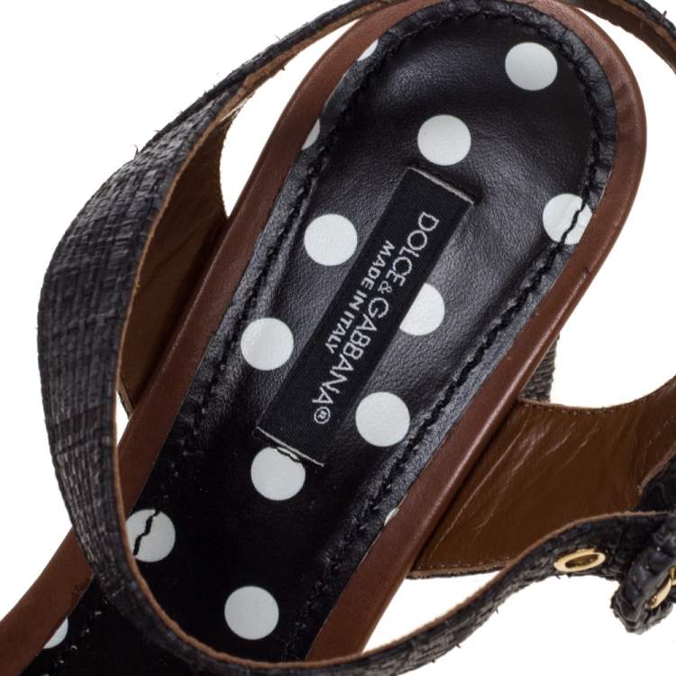 Pre Owned Dolce & Gabbana Black Raffia And Polka Dot Knotted Fabric Ankle Strap Sandals Size 37.5