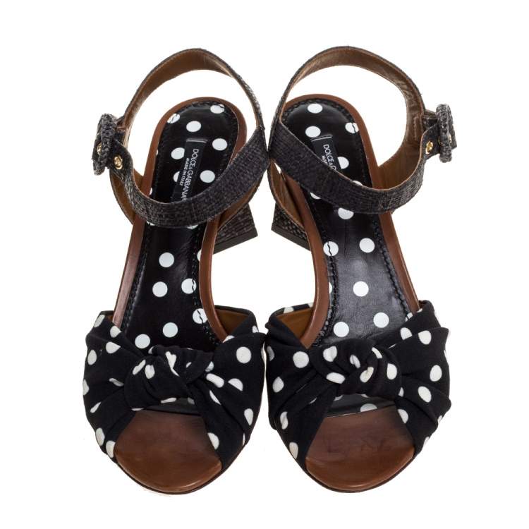 Pre Owned Dolce & Gabbana Black Raffia And Polka Dot Knotted Fabric Ankle Strap Sandals Size 37.5