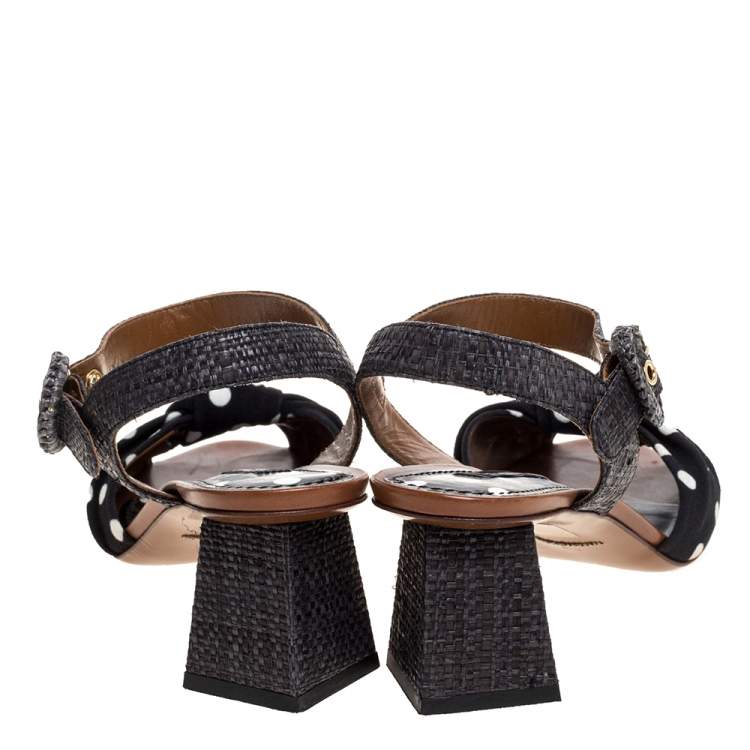 Pre Owned Dolce & Gabbana Black Raffia And Polka Dot Knotted Fabric Ankle Strap Sandals Size 37.5