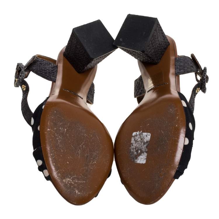 Pre Owned Dolce & Gabbana Black Raffia And Polka Dot Knotted Fabric Ankle Strap Sandals Size 37.5