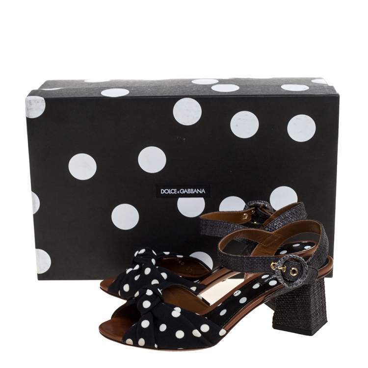 Pre Owned Dolce & Gabbana Black Raffia And Polka Dot Knotted Fabric Ankle Strap Sandals Size 37.5